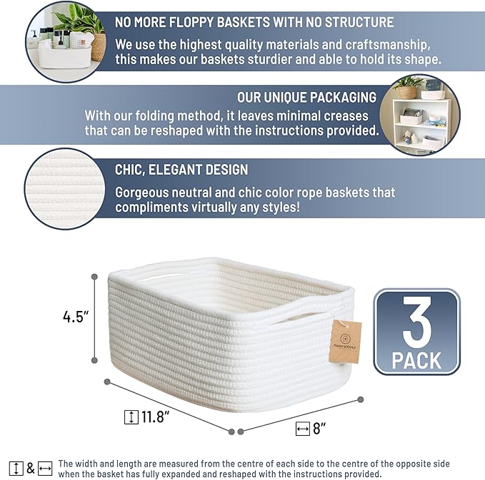 NaturalCozy 11.8"x8"x4.5” Storage Baskets for Shelves 3 Pack | Cotton Rope Woven Small Baskets for Organizing | Small Storage Bins for Nursery, Bathroom, Closet, Cube Shelf, Decorative, Gift Basket
