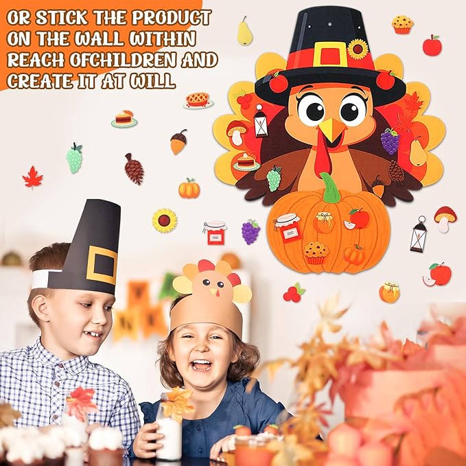 Thinkday 37-Piece Fall Thanksgiving Felt Craft Kit, DIY Pumpkin Felt Set DIY, Pumpkin 36 Detachable Fall Squirrel Pine Cones Corns Ornaments for Playing(Turkey)