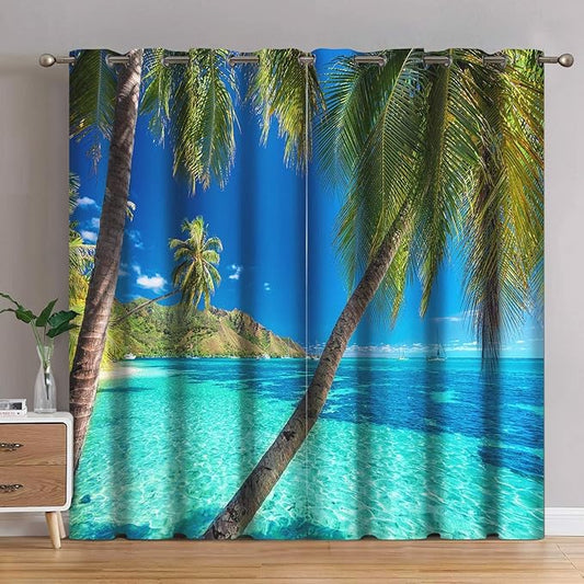 Jekeno Ocean Palm Tree Blackout Curtains Tropical Beach Theme Clear Sea Island View Seaside Scenery Print Grommet Window Drapes Decor for Bedroom Living Room Blue 2 Panel Set, 42"x63"