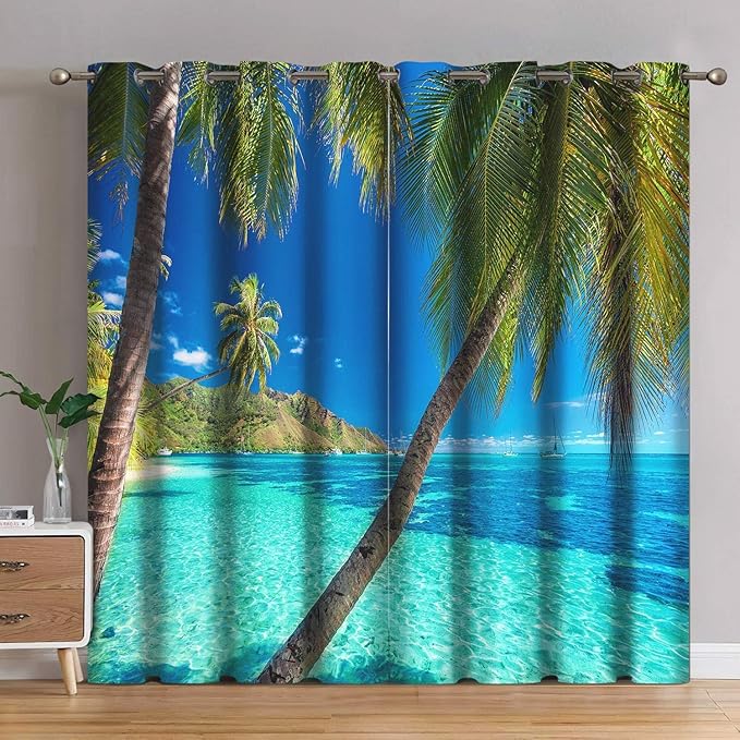 Jekeno Ocean Palm Tree Blackout Curtains Tropical Beach Theme Clear Sea Island View Seaside Scenery Print Grommet Window Drapes Decor for Bedroom Living Room Blue 2 Panel Set, 52"x63"