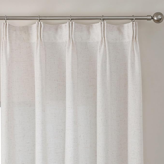 Ivory Linen Semi Sheer Curtains 90 Inches Long, Flax Light Filtering Drapes for Living Room Bedroom, White Oatmeal Window Treatments, Farmhouse Pinch Pleat Curtain with Hooks