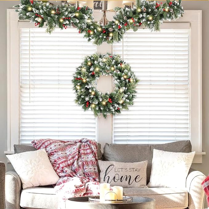 6ft Christmas Garland with Lights,Lighted Artificial Flowering Pine Garland for Mantle,Prelit Faux Green Christmas Winter Garland with Pine Cones and Red Berry for Indoor Outdoor Decor