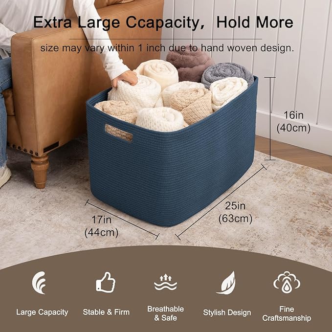 OIAHOMY 118L XXXLarge Cotton Rope Storage Basket, Oversized Blanket Basket, Used for Organizing Dirty Clothes in Living Room, Bedroom, Nursery, Dog Toy Storage Bins, 25" x 17" x 16",Blue