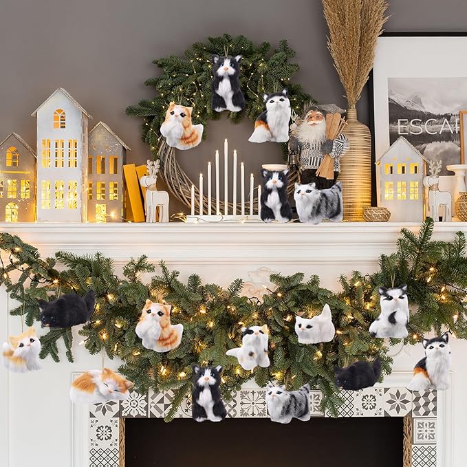 Skylety 10 Pieces Forest Animals Ornaments Woodland Animal Faux Fur Plush Hanging Ornaments Family Educational Playset for Fall, Christmas, Winter Birthday Party Supplies(Cats)