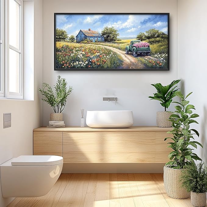 Flintis Large Farmhouse Barn Framed Wall Art Country Green Truck Flowers Pictures Wall Decor Abstract Canvas Painting Print Artworks Decor Framed for Living Room Bathroom Master Bedroom 60L X 30W