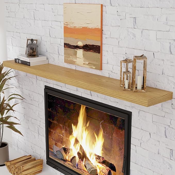 72 Inch Floating Shelves, 72 x 9.3 Rustic Wooden Fireplace Mantel, 9.3 Inch Floating Shelf for Wall, Farmhouse Wall Shelves for Home Storage & Display, Oak Color, Set of 1