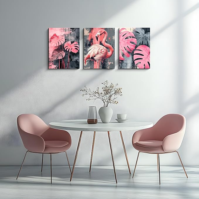NAN Wind 3PCS Pink Flamingo Wall Art Modern Tropical Monstera Leaves Canvas Print Palm Leaf Bird Wall Decor Contemporary Botanical Print Nature-Inspired Artwork Living Room Decor Bedroom Home