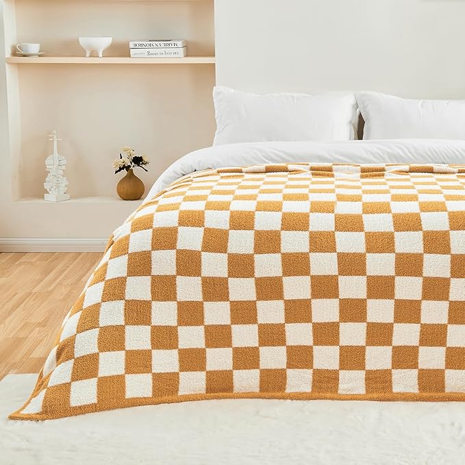 CozeCube Checkered Blanket, Ultra Soft Cozy Orange and White Throw Blanket, Warm Cozy Knit Fuzzy Plush Checkerboard Throw for Couch Bed Sofa, 60"x80"