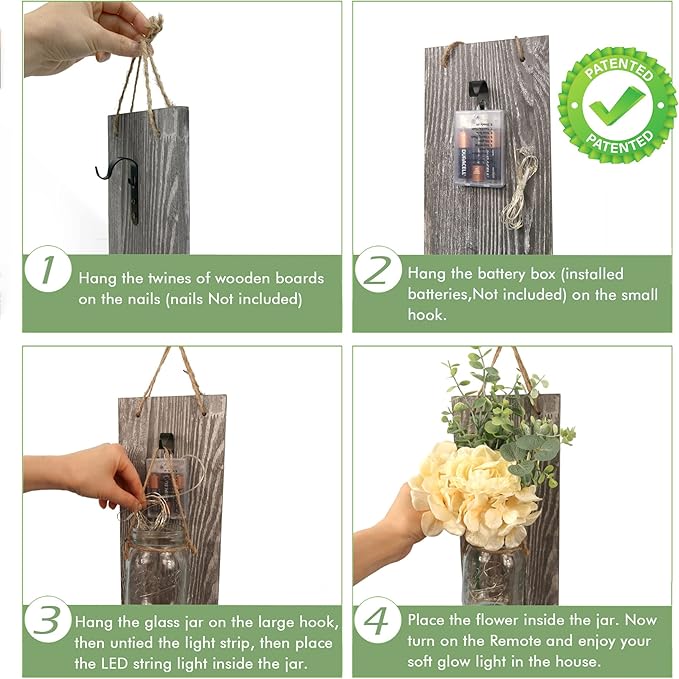 Besuerte Modern Farmhouse Wall Decor, Country Wall Decor for Bedroom, Living Room, Kitchen, Rustic Wall Art with Led Fairy Lights & Rose Flowers, Wall Art Set of 2, Large Grey