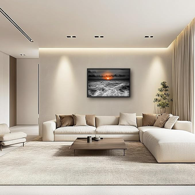 Flintis Large Ocean Sunset Framed Wall Art Beach Seagull Pictures Wall Decor Abstract Natural Landscape Canvas Painting Print Artworks Framed for Living Room Bathroom Master Bedroom 36L X 24W