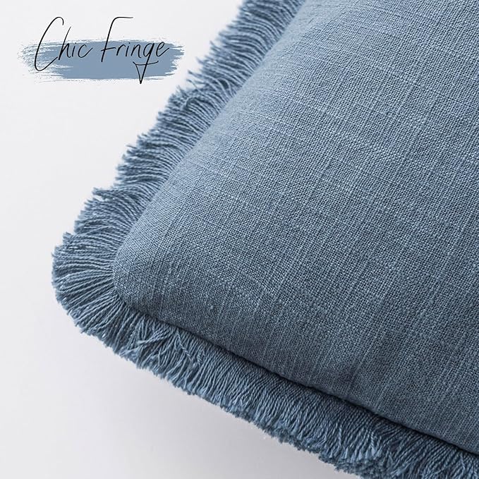 Foindtower Set of 2 Decorative Linen Fringe Throw Pillow Covers Cozy Boho Farmhouse Cushion Cover with Tassels Soft Accent Pillowcase for Couch Sofa Bed Living Room Home Decor, 26×26 Inch, Misty Blue