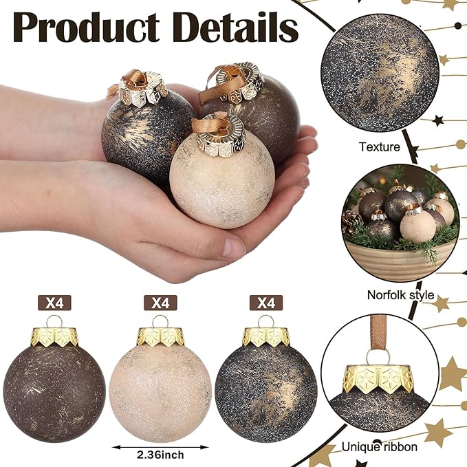 12 Pcs Neutral Textured Christmas Ball Ornaments 2.36'' Vintage Christmas Tree Decor Modern Rustic Brown Ornaments with Loop Shatterproof Hanging Ball for Xmas Farmhouse Decor (Vintage Copper)
