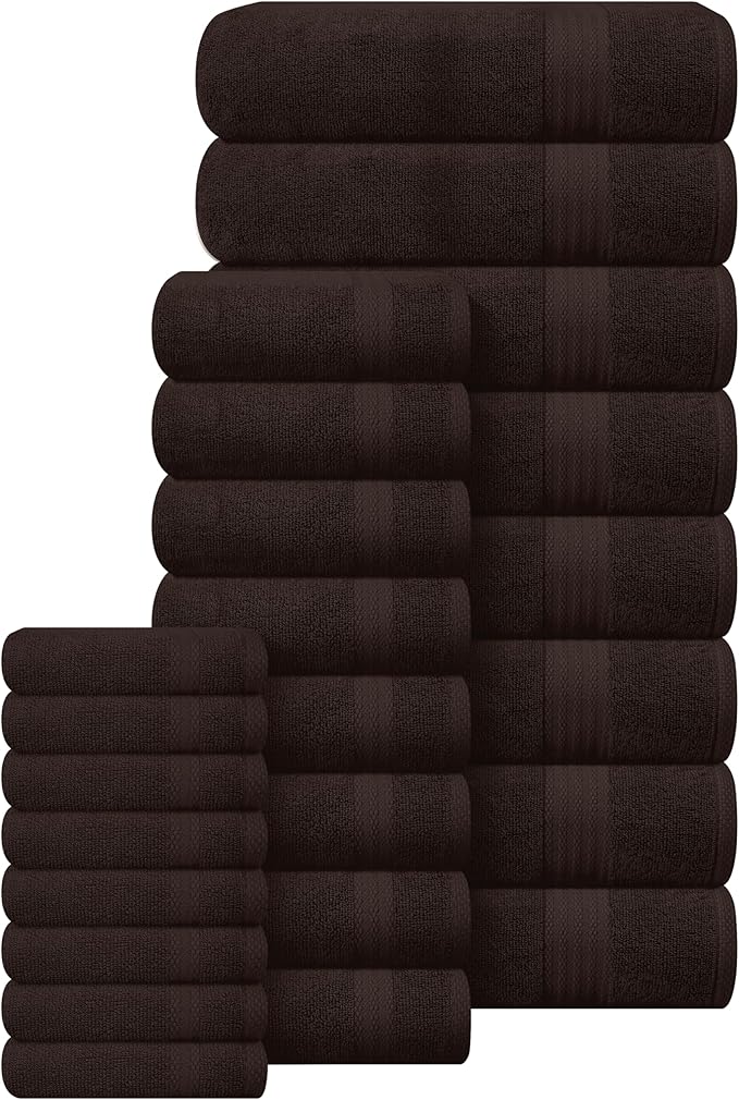 GLAMBURG Ultra Soft 24-Piece Towel Set- 100% Pure Ringspun Cotton, Contains 8 Oversized Bath Towels 27x54, 8 Hand Towels 16x28, 8 Wash Cloths 13x13 Ideal for Everyday use, Hotel & Spa- Chocolate Brown