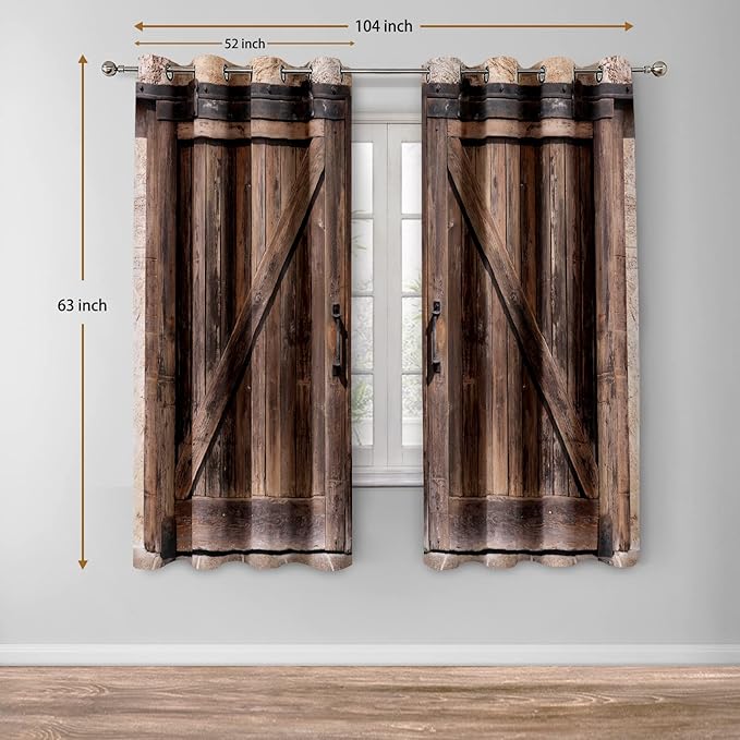Jekeno Rustic Wood Blackout Curtains Vintage Wooden Barn Door Farmhouse Home Bedroom Living Room Decor Brown Grommet Window Drapes 2 Panel Set, 52"x63"