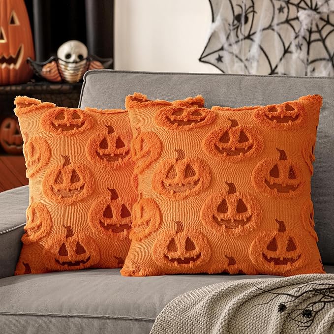 MIULEE Fall Halloween Throw Pillow Covers 20x20 Decorative Pumpkin Pattern Pillowcases Soft Plush Faux Wool Cushions for Home Patio Sofa Couch,Orange