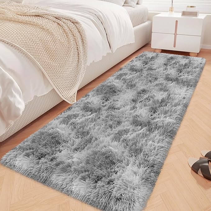 Super Soft Fluffy Living Room Area Rug 2x6 ft Tie-Dyed Light Grey Shaggy Furry Carpet Washable Non-Slip Floor Rugs Bedroom Bedside Nursery Rug Fuzzy Boys Girls Dorm Home Decor Aesthetic