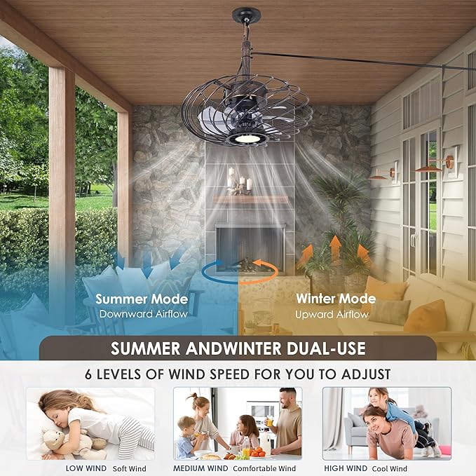 15" Outdoor Ceiling Fan with Light, Waterproof Gazebo Fan Remote Control, Dimmable LED Light, Hanging Black Caged Ceiling Fixtures with Plug in Cord for Patios Pergola, Black Gold