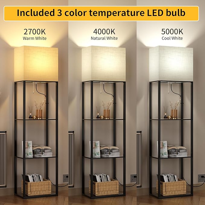 Dott Arts Floor Lamp with Shelves, Wide Floor Lamps for Living Room Display Shelf Lamps with 3 Color LED Bulb,Storage Wood Modern Floor Lamp for Bedroom Standing Lamp for Living Room Office（Black）