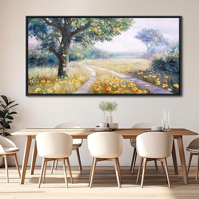 CHATYOUNG Large Framed Wall Art, Retro Countryside Path With Flowers Landscape Wall Pictures, Farmhouse Wall Paintings Art Prints For Living Room Bedroom Bathroom Kitchen Home Decor 29"X58"