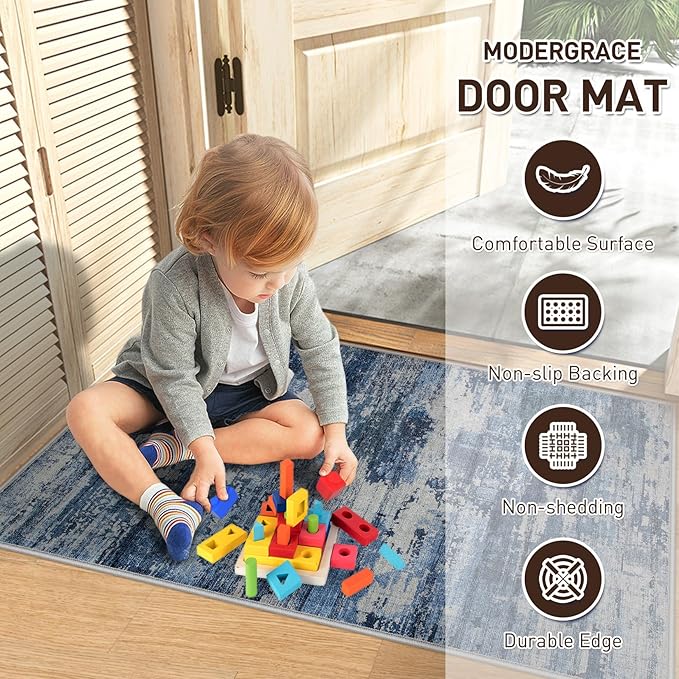 Machine Washable Area Rugs 2x3: Small Entryway Rug with Non Slip Backing Non Shedding Stain Resistant Abstract Carpet for Living Room Bedroom Kitchen Laundry Under Dining Table - Beige/Blue