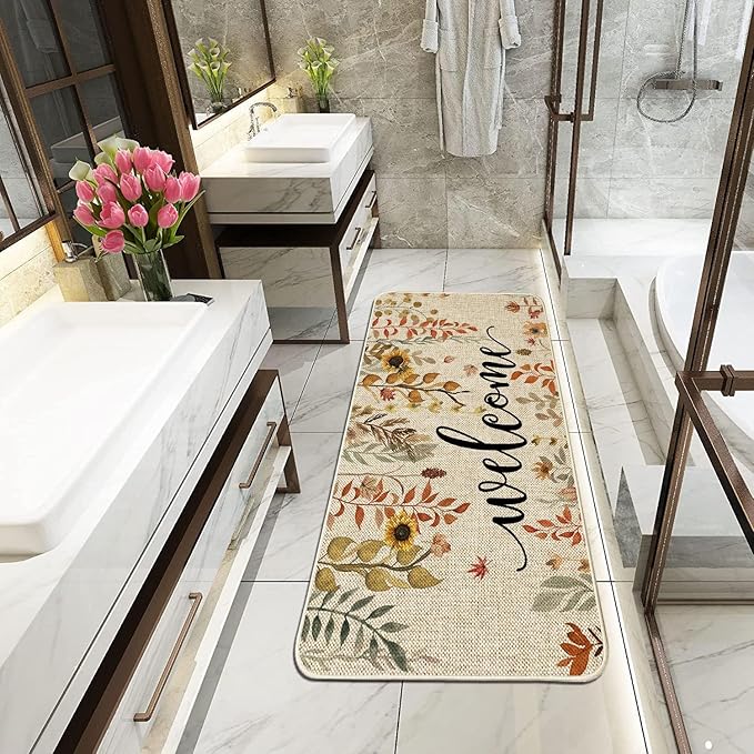 ORTIGIA Welcome Fall Doormat Eucalyptus Leaves Sunflowers Door Mats Indoor Outdoor Patio Non-Slip Durable Entrance Floor Mat for Farmhouse Home Entrance, Outside, Yard, Patio 17x36 Inch