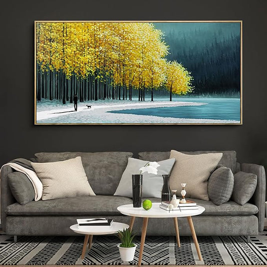 KLAKLA Large Wall Art - Yellow Bedroom Birch Tree Valley Snowy Forest Wild Lakes Landscape Canvas Pictures Wall Decoration for Living Room Office Home Decor - 40x20 Inches