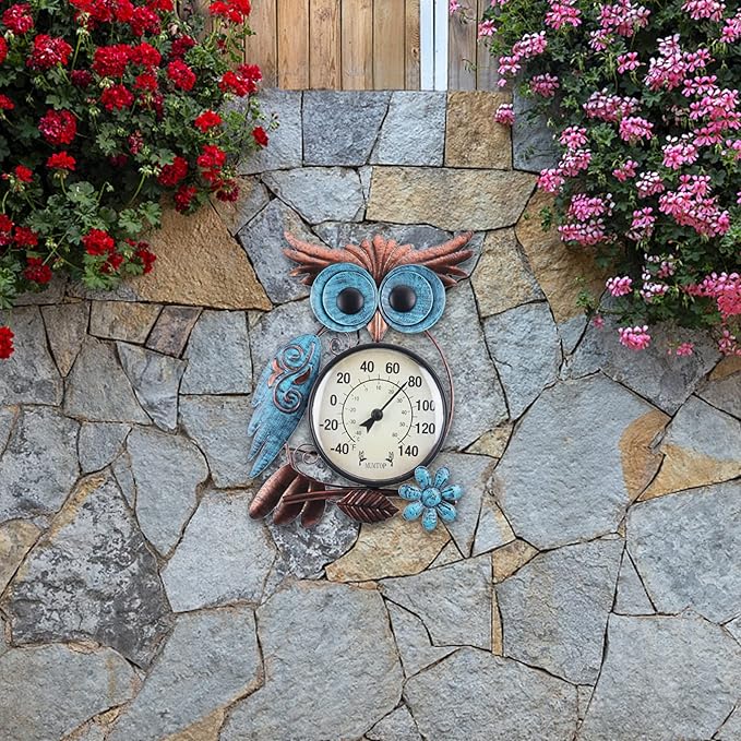 MUMTOP Outdoor Thermometer, 42 Inch Metal Owl Garden Stake Outside Wall Thermometer for Patio, Yard and Garden