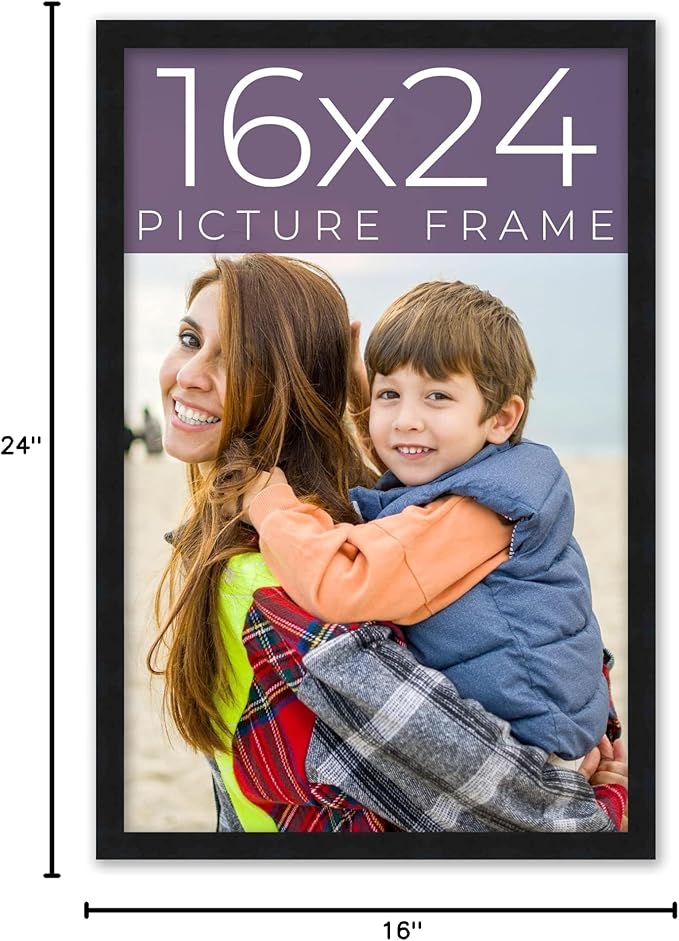 16x24 Frame Black Real Wood Picture Frame Width 0.75 Inches | Interior Frame Depth 0.5 Inches | Noir Classique Mid Century Photo Frame Complete with UV Acrylic, Foam Board Backing & Hanging Hardware