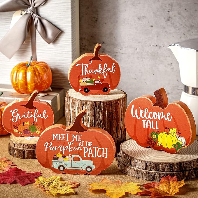 Jetec 4 Pcs Fall Decor for Home Thanksgiving Tiered Tray Decoration Fall Desk Decor Pumpkin Table Centerpiece Welcome Rustic Wood Block Sign for Office Autumn Table Mantel Decoration(Pumpkin Color)