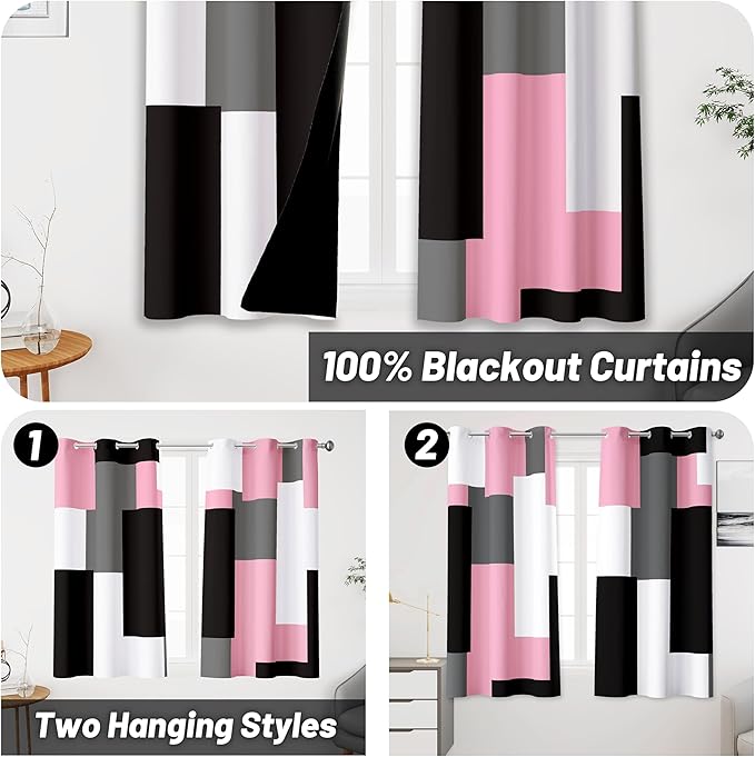 Pink 100% Blackout Curtains 45 inch Length 2 Panels Set White Grey Modern Abstract Geometric Drapes for Kitchen Black Out Curtains Insulated Room Darkening Small Window Curtains, 42Wx45L