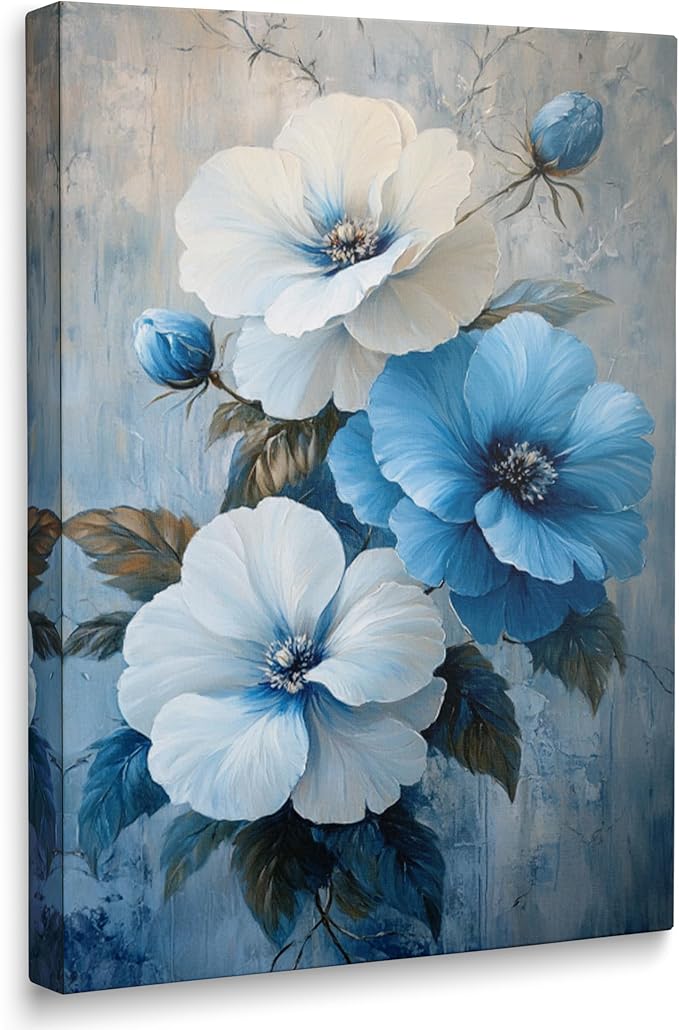Blue and White Floral Picture Wall Decor Framed Botanical Plant Rustic Flower Canvas Wall Art Modern Pop Prints Poster Western Country Farmhouse Painting for Bathroom Living Room Bedroom (16"x24")