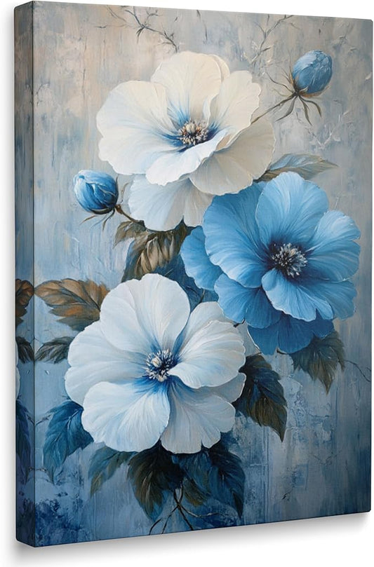 Blue and White Floral Picture Wall Decor Framed Botanical Plant Rustic Flower Canvas Wall Art Modern Pop Prints Poster Western Country Farmhouse Painting for Bathroom Living Room Bedroom (12"x16")