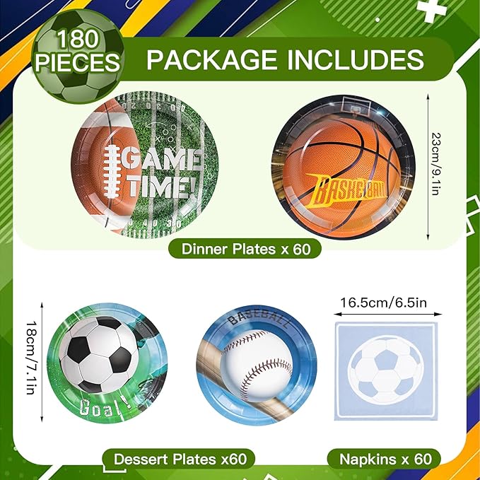 180Pcs Sports Party Supplies Paper Plates and Napkins Serve 60 Disposable Tableware Set for Birthday Party Decorations Game Day Family School Holiday Sports Events