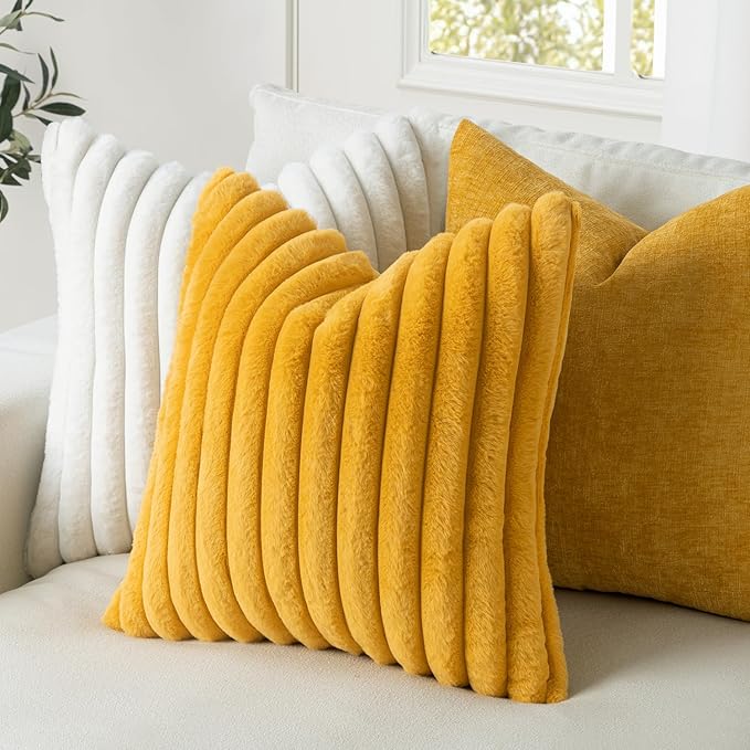 MIULEE Faux Fur Decorative Throw Pillow Covers 18x18 Inch Set of 2, Retro Vintage Boho Home Decor Soft Plush Couch Pillows Cozy Fluffy Cushion Covers for Sofa Bed Mustard Yellow