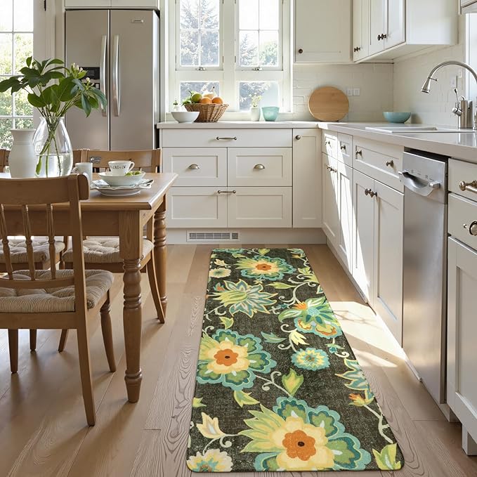 Lahome Floral Hallway Carpet - 2x5 Washable Non-Slip Low-Pile Kitchen Laundry Room Rug, Soft Paisley Print Modern Indoor Rug for Living Room Bathroom Entrance