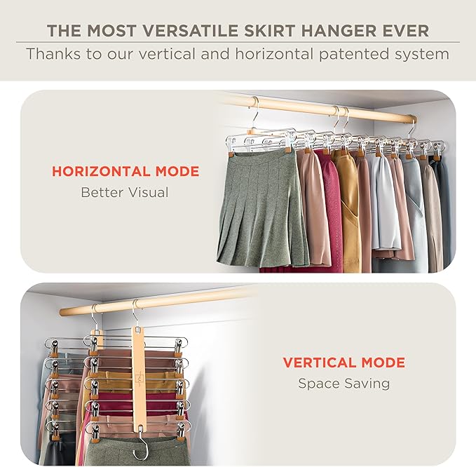 MORALVE Skirt Hangers Space Saving with Clips - 2 Pack - European Beechwood 5-Tier Hanger for Shorts, Skirts, and Pants - Closet Organizer and Storage Solution for Women with 360° Swivel Hook