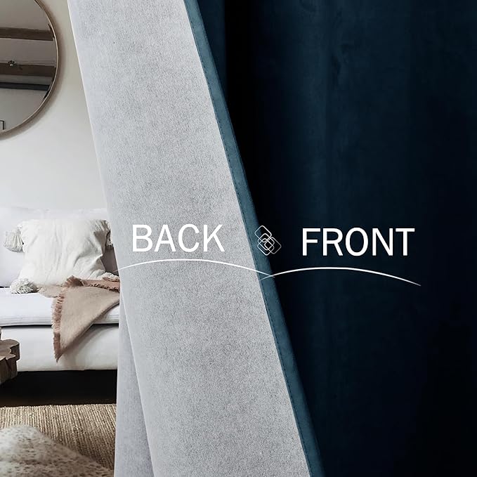 StangH Navy Blue Velvet Blackout Curtains Luxury Liner Back Tab Hook Belt Thermal Insulated Window Drapes Heavy Thick Privacy Curtains for Living Room Bedroom Office, W52 x L84, 2 Panels