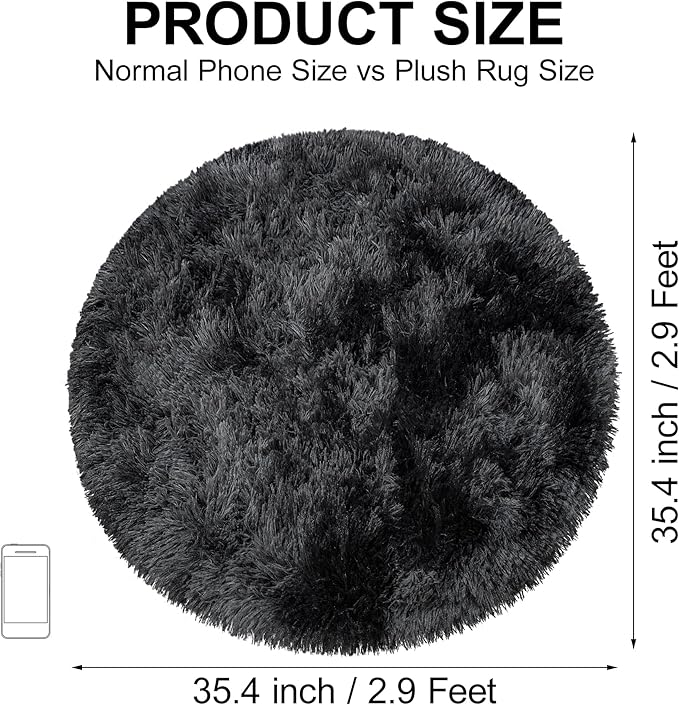 Tie Dye Black Round Rugs Small 3x3 ft Fluffy Circle Rug Furry Carpet Shaggy Circular Fuzzy Plush Area Rug for Girls Bedroom Kids Room Living Room Nursery Cute Room Decor Pet mat Doormat