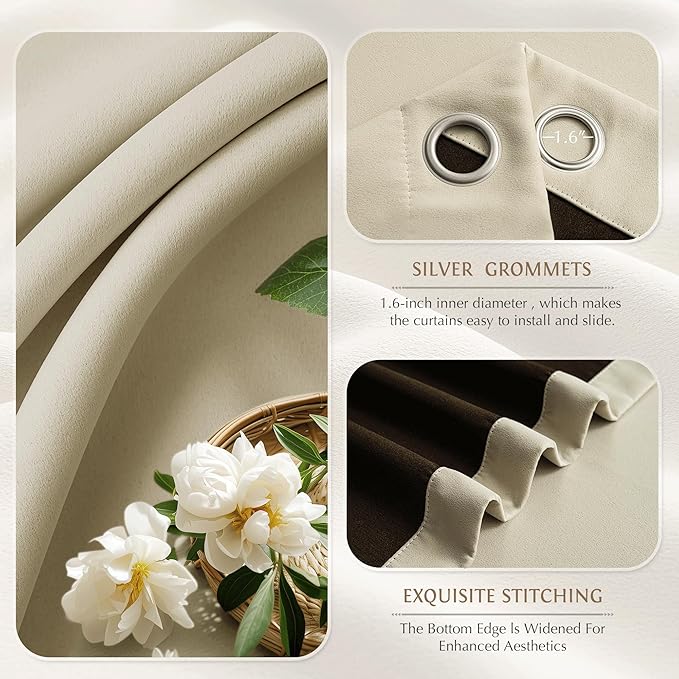 Beauoop 100% Blackout Curtains 63 Inch Long 2 Panels for Bedroom Living Room Beige Solid Room Darkening Thermal Insulated Soundproof Energy Saving Grommet Top Window Treatment Drapes,52x63, 2 Set