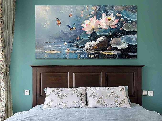 Ardemy Lotus Wall Art for Living Room Butterfly Large Canvas Art Wall Decor Textured Pictures Artwork Bedroom Kitchen Dining Home Office, Large 48"x24"