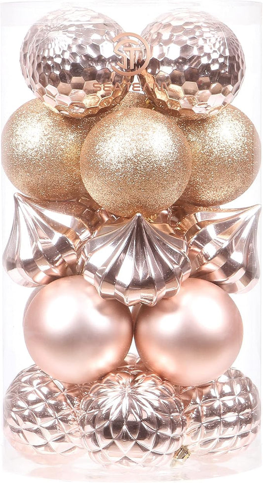 Sea Team 21-Pack Christmas Ball Ornaments with Strings, 80mm/3.15-Inch Large Size Baubles, Shatterproof Plastic Christmas Bulbs, Hanging Decorations for Xmas Tree, Holiday, Wedding, Party, Rose Gold