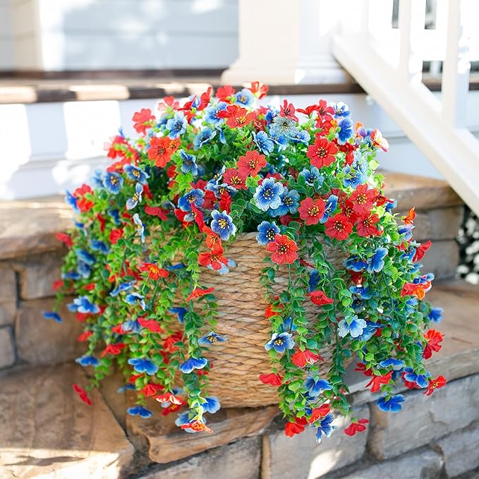 Faux Flowers for Outdoors Decoration, 2Pcs Artificial Fake Hanging Spring Summer Decor, Red and Blue Realistic Plants, UV & Fading Resistant Silk Flower for Porch Patio Balcony Planter Yard