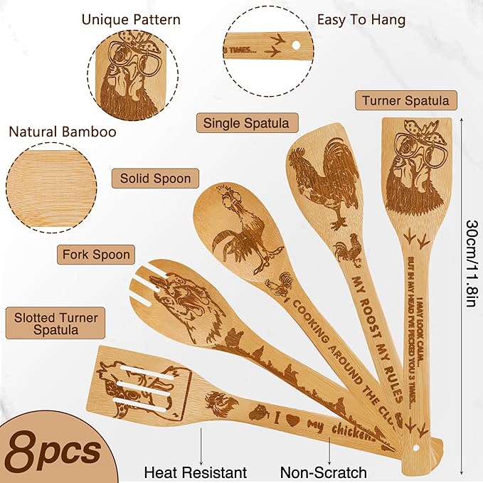 8pcs Chicken Bamboo Cooking Spoon with Apron and Oven Mitts, Rooster Kitchen Utensil Decor Gifts for Women Chicken Lovers,Roosters Themed Decorations for Home,Party Housewarming Presents Ideas