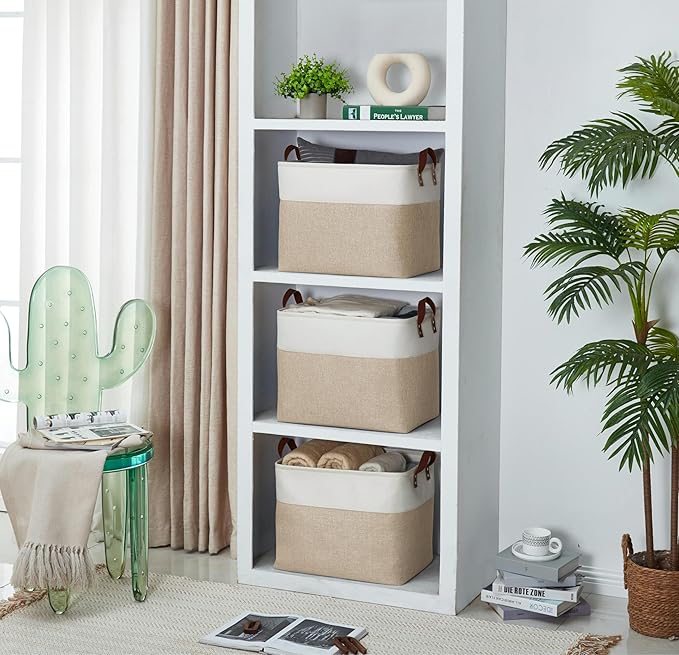 DECOMOMO Fabric Storage Basket Large Closet Storage Bins for Toys Nursery & Laundry Storage (Beige & White, XXL - 3 Pack)