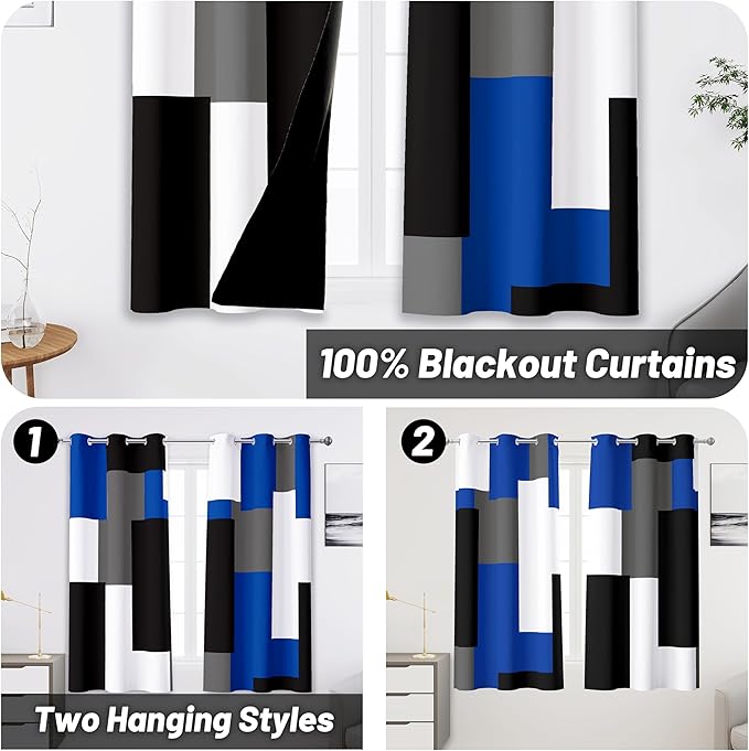 Blue Gray 100% Blackout Curtains 45 inch Length 2 Panels Set White Grey Modern Abstract Geometric Drapes for Kitchen Black Out Curtains Insulated Room Darkening Small Window Curtains, 42Wx45L