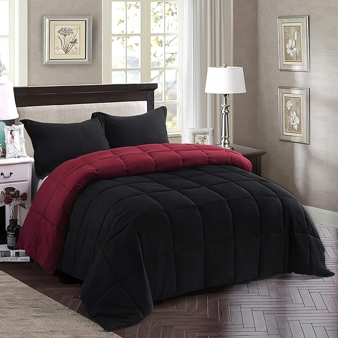 HIG 3 Pieces Black California King Comforter Set, Modern Breathable Box Stitched Duvet Insert with 2 Shams, Soft Fluffy All Season Reversible Comforter Set Blanket with Corner Tabs for Bedroom