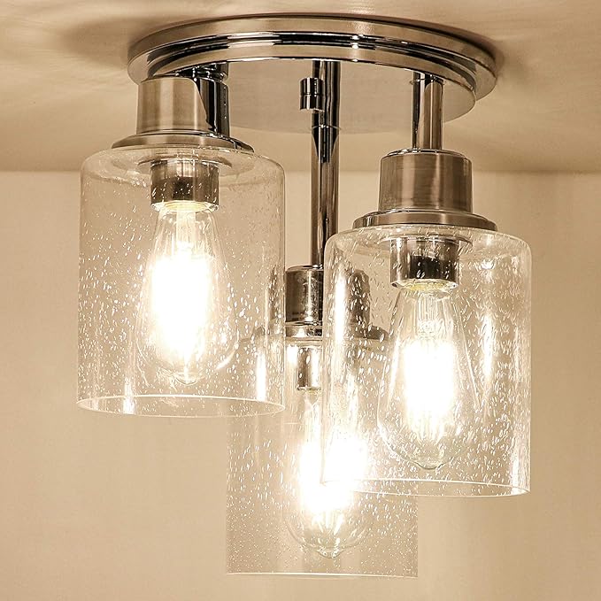 Semi Flush Mount Ceiling Light, 3-Light Close to Ceiling Light Fixtures, Electroplating Chrome Finish with Clear Seeded Glass Shade Chandelier Lighting for Stairs Porch Hallway Entryway Kitchen