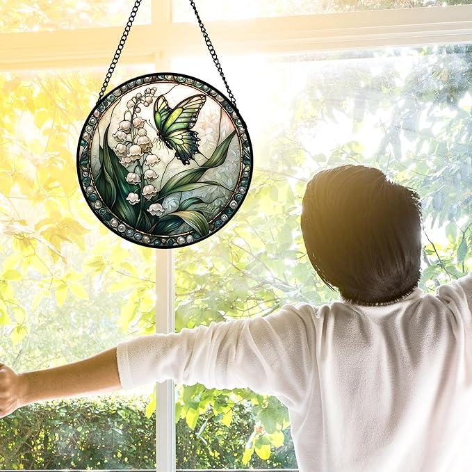 Stained Glass Window Hanging, Lily of The Valley Flower Butterfly Suncatcher for Doors Home Sun Catchers Decoration and Christmas, Mother's Day Birthday Gifts for Women, Men, Mom 7.8 in