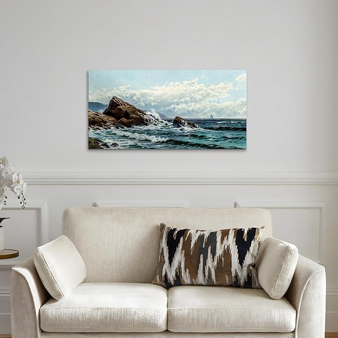crmotu Coastal Large Wall Art, Ocean Landscape Vintage Oil Paintings, Blue Nature Scenic Canvas Art Prints, Waves and Rocks Pictures Wall Decor Living Room Bathroom Bedroom, Office Decor 20"X40"