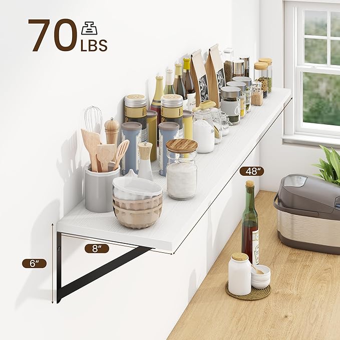 Fun Memories Deep Floating Shelves for Wall, 48W x 8D Wall Mounted Shelves Set of 2, Wide Display Ledge Shelf with Sturdy Metal Brackets for Living Room, Bathroom, Bedroom and Kitchen, White